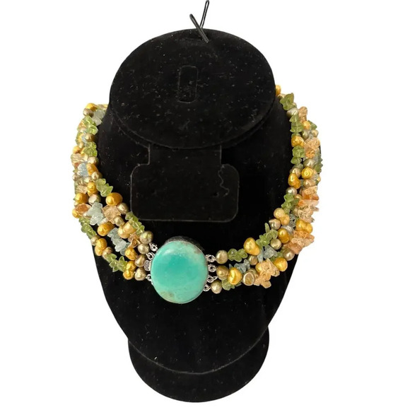 Multi-Stone Beaded Necklace w/ Turquoise Center, Green, Gold & Citrine natural - Picture 1 of 7